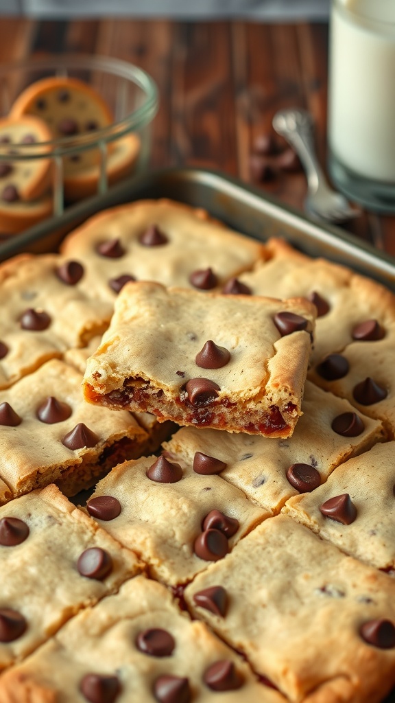 Freshly baked chocolate chip cookie bars on a wooden table, served with a glass of milk.